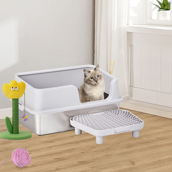 Large Stainless Steel Cat Litter Box with Scoop and Foot Pad