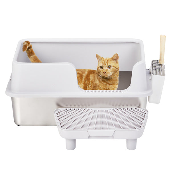 Large Stainless Steel Cat Litter Box with Scoop and Foot Pad