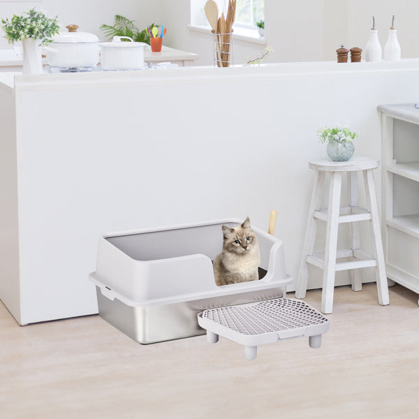 Large Stainless Steel Cat Litter Box with Scoop and Foot Pad