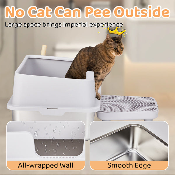 Large Stainless Steel Cat Litter Box with Scoop and Foot Pad