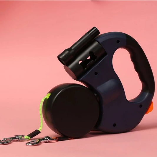 Retractable Dog Leash with Flashlight and Waste Bag Holder