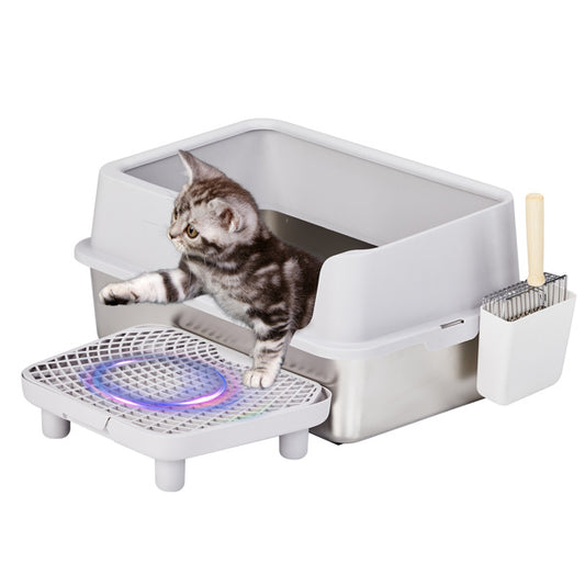 Large Stainless Steel Cat Litter Box with Scoop and Foot Pad