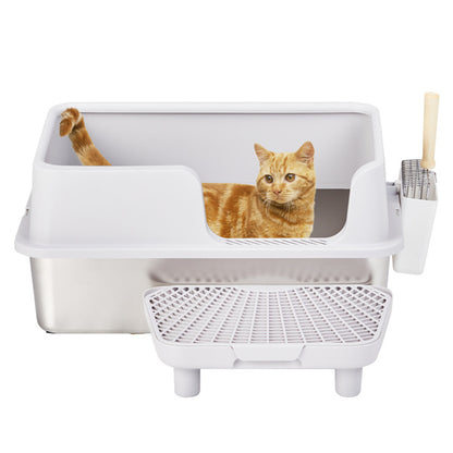 Large Stainless Steel Cat Litter Box with Scoop and Foot Pad